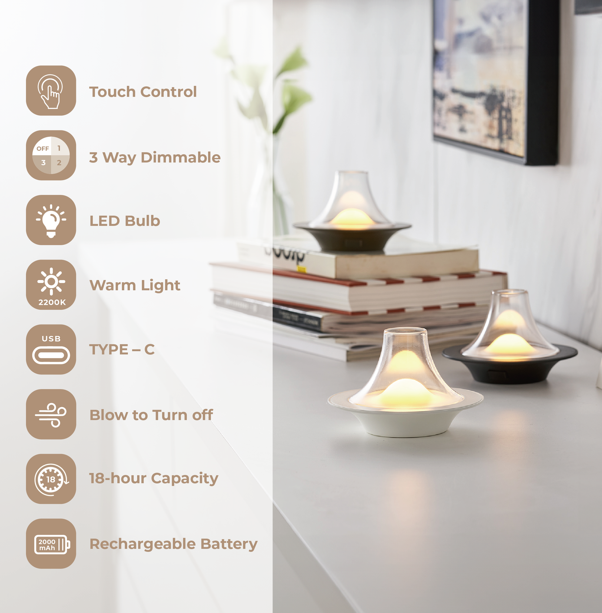Puff Cordless LED Lamp with Adjustable Dimmer Features